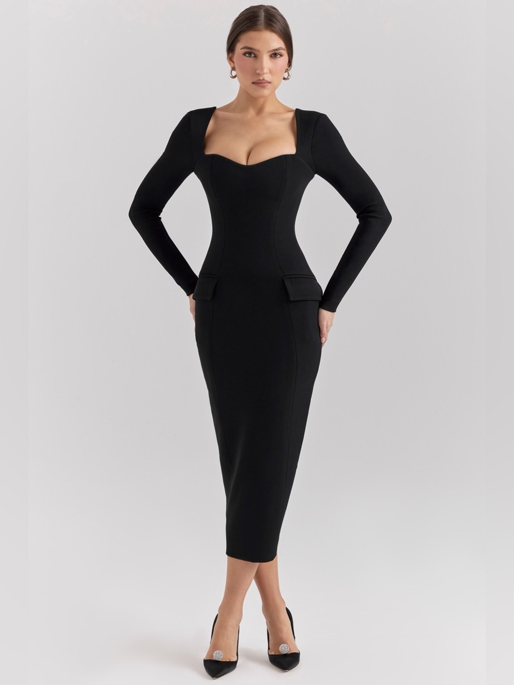 House of CB Black Fitted Midi Dress Sweetheart Neck Long Sleeve Pocket Detail